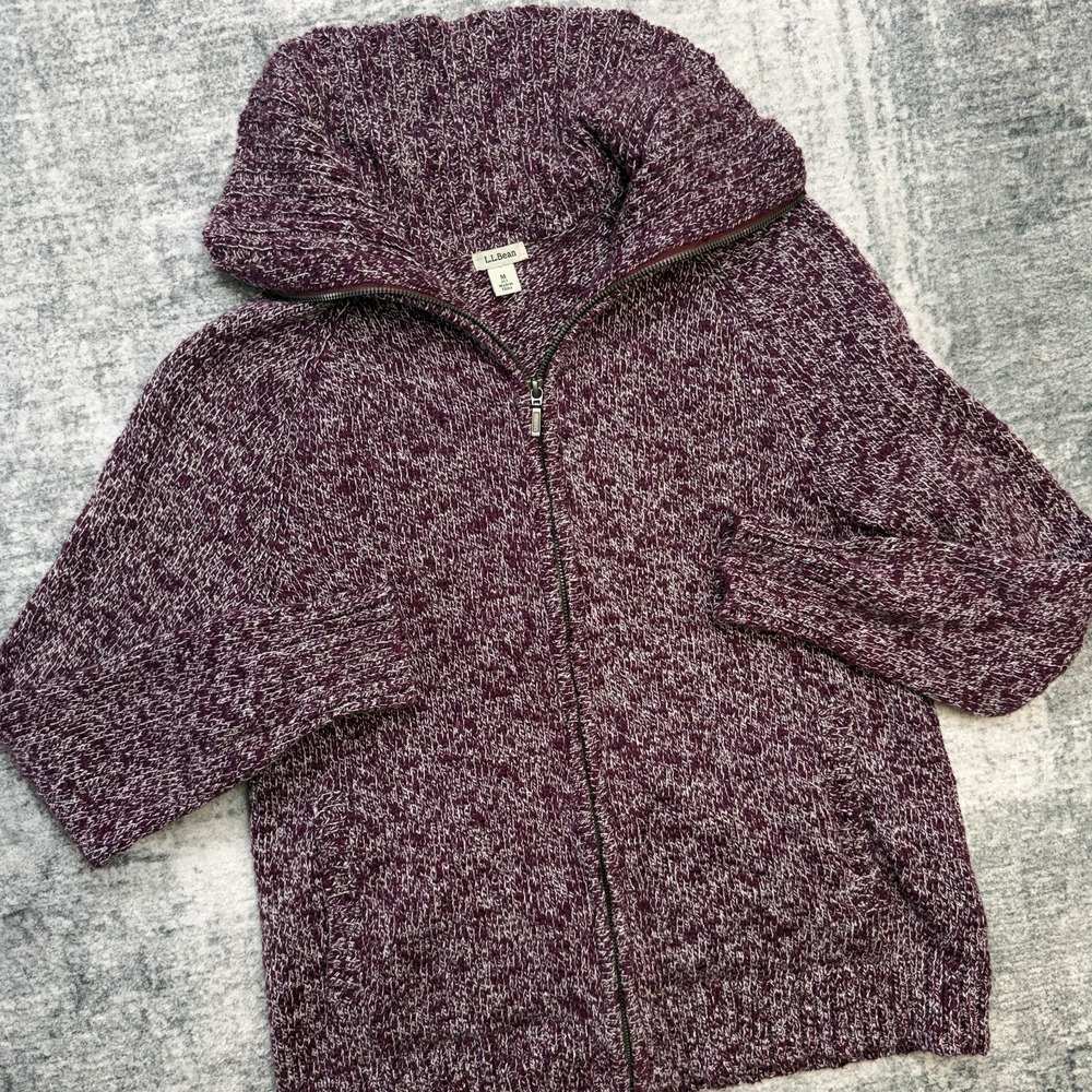 LL Bean Sweater Women Medium Purple Marled Knit Full Zip Cardigan Pockets Cotton
